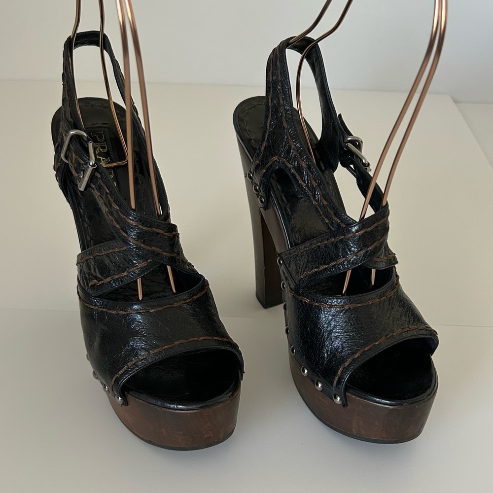 PRADA Leather Open Toe Wooden Platform High Heel Sandal size 37